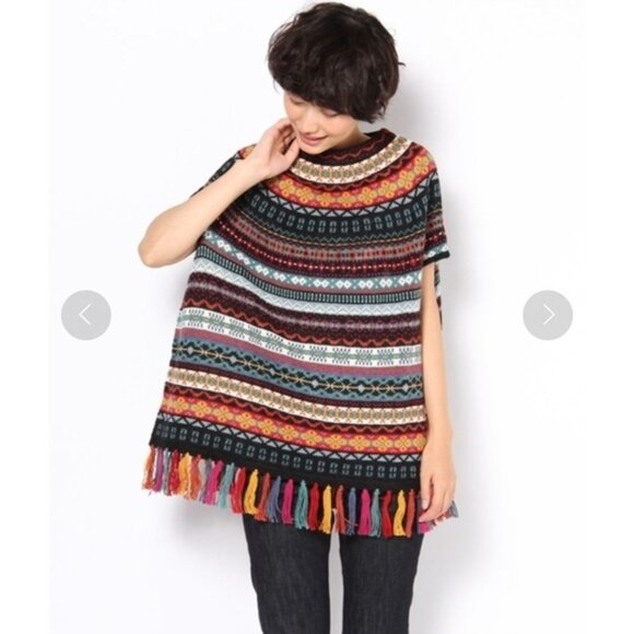 Carolina K Alpaca Wool Fringe Poncho Sweater Multicolor Geometric Medium Boho - Picture 12 of 14
